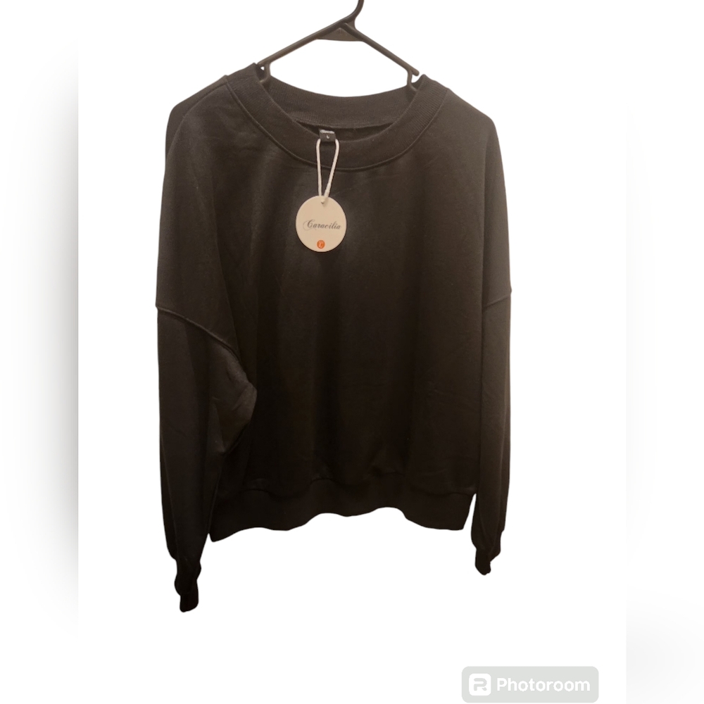 CARACILIA Crewneck Black Long-sleeved Sweatshirt